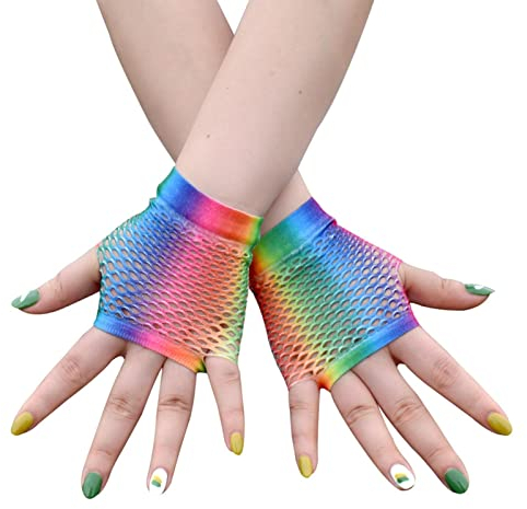 Regenbogen-Handschuhe, Netz-Handschuhe, ohne Finger, Set aus Netz-Handschuhen, Halloween-Handschuhe, Partyzubehör der 80er Jahre, für die Maskerade der Hochzeit