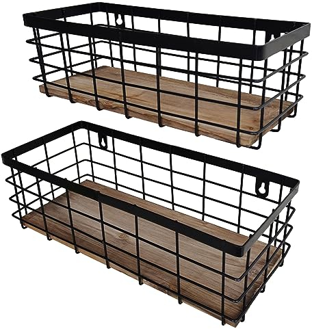 ShabbyDecor Metal Wire Basket Detachable Wood Base Storage Organizer Farmhouse Bin for Kitchen Cabinets, Bathroom, Pantry, Laundry Room, Closets Set of 2,Black Color