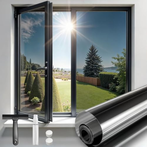 Qualsen Hitzeschutzfolie Fenster Sonnenschutz, Schwarz-Silber, 90x200cm | Spiegelfolie Einseitig Sichtschutz UV Schutz Hitzeschutz, Statische Adsorption, Sonnenschutzfolie für Innen Außen Dachfenster