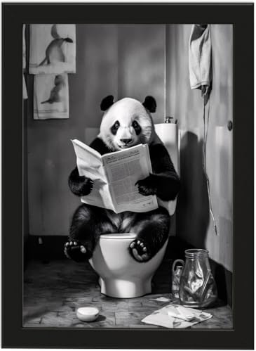 Deqosy Panda auf WC, Poster DIN A4 mit Rahmen, Toilette Badezimmer Deko Bild, Wand-Deko Bilder Lustiges Geschenk