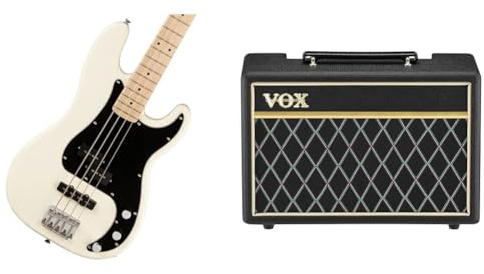Squier by Fender Affinity Series Electric Precision Bass Guitar, Maple Fingerboard, Olympic White & Vox - PB10 Pathfinder 10B - 10W Bass Guitar Practice Amplifier Combo - Black
