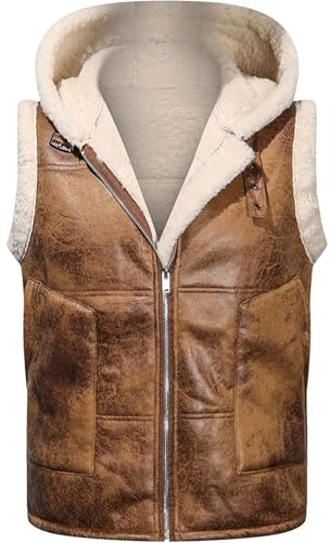 Gilet épais en Peau de Mouton pour Homme Veste d'hiver en Cuir Chaud à Capuche Moto Loisirs Manteau PU Gilet (Brown,TG)