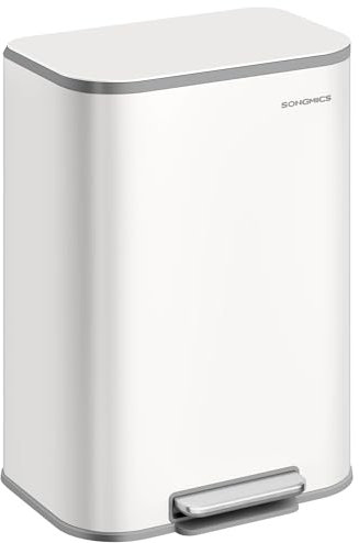 SONGMICS Kitchen Trash Can, 13-Gallon (50 L) Garbage Can with Lid, Stainless Steel, Soft Close and Stays Open, Inner Bucket, Wide Non-Slip Pedal, Cloud White ULTB547W01