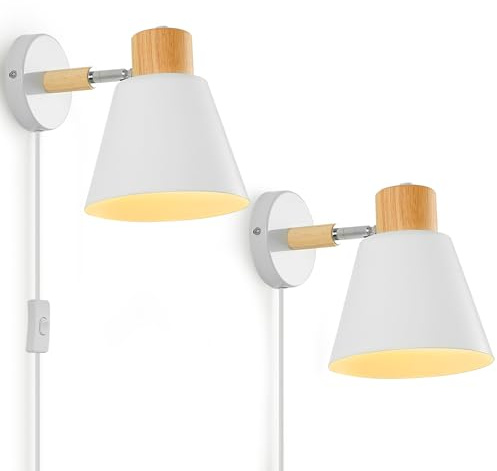 Mozzilog Plug in Wall Lights for Bedroom-White Wall Sconces Set of Two-Wall Lights for Living Room Wall Lighting Mounted Lamps with Plug in Cord-2 Pack