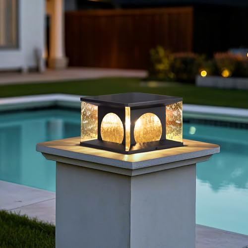 PAKEDANDUN Solar Post Lights Outdoor, Modern Pillar LED Fence Deck Cap Light Lantern Column Lamp Solar Powered for Flat Surface Patio Garden Decoration Lighting, 3000K IP54 Waterproof, Glass Lampshade