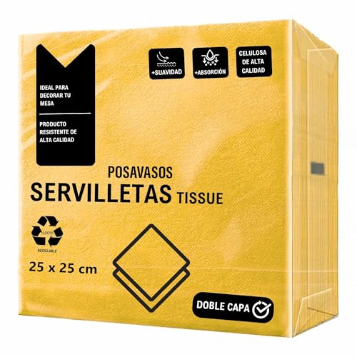 CHEFZOCO Servilletas de papel, Servilletas Desechables, servilletas Posavasos, Servilleta 100% Reciclables, Servilleta doble capa, Material Celulosa, 25 x 25 cm, Pack 50 Unidades, Color Amarillo