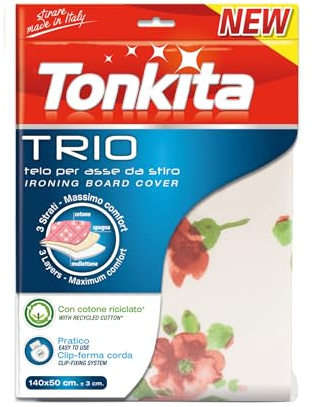 Tonkita | Trio Telo Triplo Strato per ASSE da Stiro, 140x50 cm, Copri ASSE in Cotone Riciclato, Spugna e Morbido Mollettone, con Clip Ferma Corda, per Assi da Stiro Fino a 132x42 cm - Made in Italy
