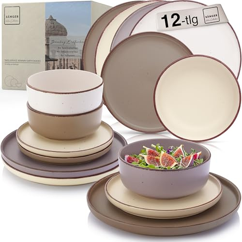 SÄNGER Bombay Erdfarben Geschirrset 12 teilig, Steingut Geschirr | 4 Personen, 4x Speiseteller 4x Dessertteller 4x Schalen, Teller Set bunt