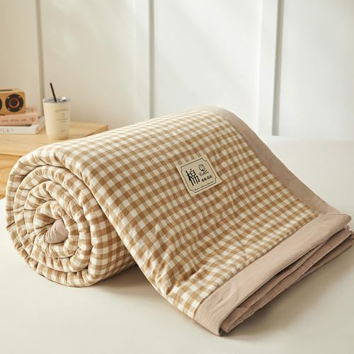 DOTBUY-SHOP Quilted Bedspreads, Check Quilt Bed Throws Cotton Filling Duvet Super King Single Double Size Children's Bed Quilted Throw for All Season (Khaki,150x200cm)
