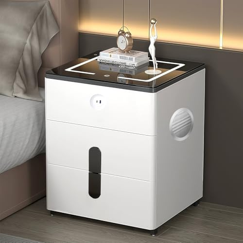 LED Bedside Table with Charging Station, Nightstand with 2 Drawers, Modern Bedside Cabinet with Bluetooth for Bedroom Living Room Home Furniture,White