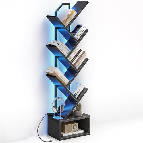 Coleshome Tree Bookshelf with LED Light, 6-Tier Floor Standing Bookcase, Bookcases suitable for bedrooms and living rooms, Wooden bookshelves suitable for bedrooms and living rooms,Black