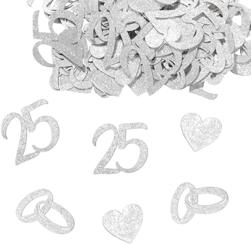 Streudeko Silberhochzeit Glitzer, 200 Stück Glitzer Konfetti mit 50, Ringe, Herz Motiven Tischdeko Streudeko 25 Jahre Jubiläum Dekoration Partydeko Kuchendeko Tortendeko Hochzeitstag Geschenk