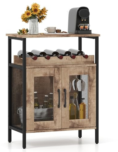 GOPLUS Gabinete Industrial para Licor de Bar, Mesa Independiente con Portavasos, Estante para Vino Removible, Puerta de Malla Metálica, Pequeño Aparador Buffet, Ideal para Cocina, Comedor