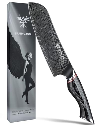 SANMUZUO Couteau Santoku japonais 18 cm - Couteau de chef - Acier Damas noir avec manche ergonomique - Série MIAO