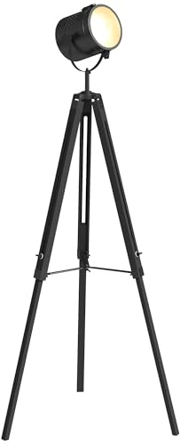 HOMCOM Industrial Tripod Floor Lamp Adjustable Height E14 Black | Nautical Searchlight, Wood Legs, Living Room, Bedroom