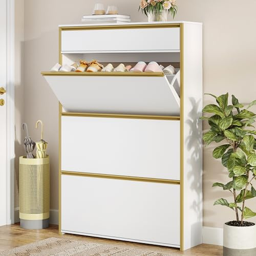 HEXCELEN Schuhschrank mit 3 Klapptüren, 80 x 24 x 137,5 cm, Weiß-Gold | Schuhkipper, Schuhregal mit Schublade, Schmaler Schuhkommode mit 6 Ablagen, Verstellbar, für Flure, Eingang, Garderobe