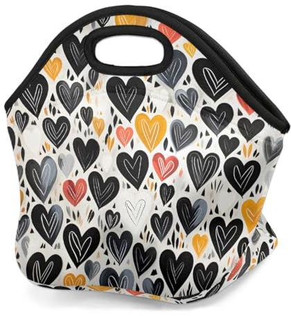 Mexpekil Bolsa de almuerzo de neopreno para mujeres, hombres, adultos, niños, corazón negro, caja de almuerzo aislada para San Valentín, bolsa de picnic portátil para el trabajo, camping