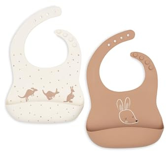 Jollein Bavoirs bébé en silicone - Kangaroots - lot de 2 - bavoirs imperméables pour bébés et tout-petits - avec récupérateur - bavoir bébé - facile à nettoyer