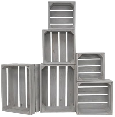 ITA Home & Garden Set di casse in legno vintage, 6 pezzi, 3 misure, impilabili e impilabili, in legno tenero certificato FSC, grigio