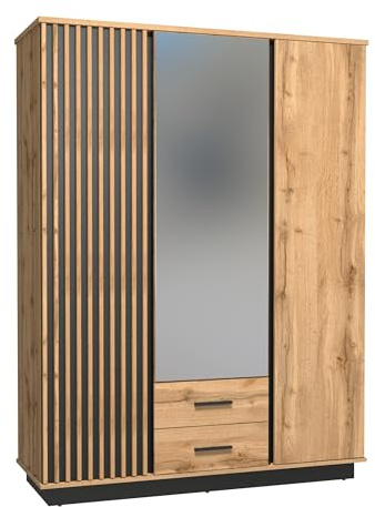 Masseno Schiebetürenschrank KIMA 145,5/193,6/52cm 3-türig mit Spiegel Eiche Wotan