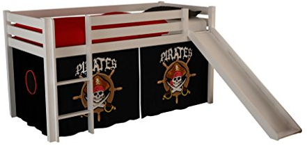 VIPACK PICOHSGB1477 Spielbett Pino mit Rutsche und Textilset Pirates, Maße 210 x 114 x 218 cm, Liegefläche 90 x 200 cm, Kiefer massiv weiß lackiert