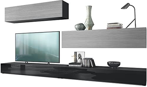 Vladon Wohnwand Nublo, Made in Germany, Anbauwand mit Rückwand mit 2 Klappen und 2 Sockelelementen, Korpus Schwarz matt, Fronten Schwarz Hochglanz und Avola-Anthrazit (280 x 147 x 39 cm)