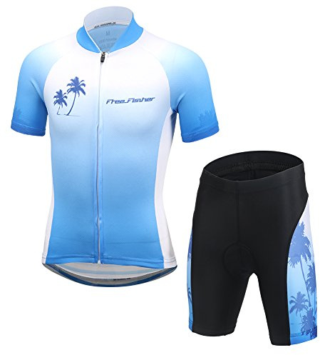 LSHEL 2 Pièces Maillot de Cyclisme pour Enfant à Manches Courtes + Shorts Combinaison de Vélo Séchage Rapide vêtements Course Cycliste, Top+Pantalon,Cocotier Bleu, 13-14ans,160(Stature：150-160cm)