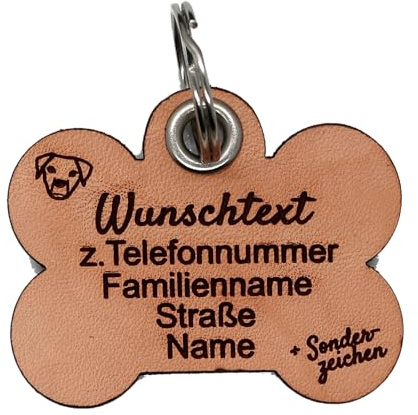 Anhänger Knochen ca. 5x4cm EchtesLeder natur Hundemarke Wunschtext | personalisiert, z.B. Name, Tel, Adresse, Hinweise, auch a.d. Rückseite, geräuscharm