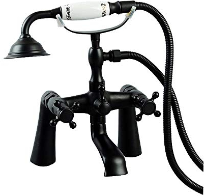 Retro Badewannenarmatur mit Handbrause Messing Deck Montiert Badewanne Wasserhähne mit Doppelter Griff Bad Dusche Set für Badewanne