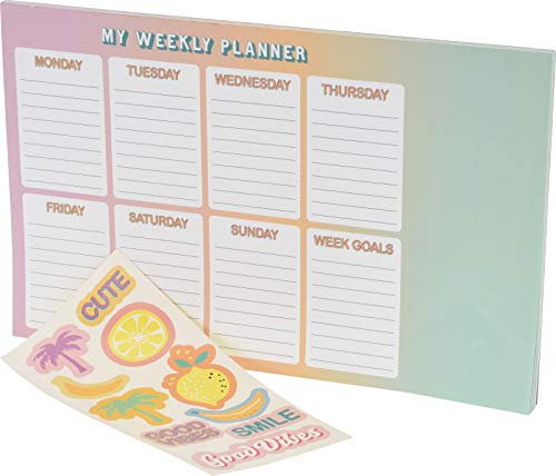 Wochenplaner Block A4 ohne festes Datum mit großem Notizfeld, 50 Blatt, Terminplaner,To-Do-Liste, Einkaufsliste, großes Notizfeld und Stickerbogen im Summer-Design.