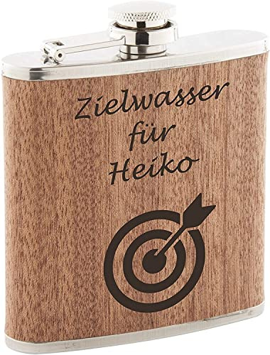 Zielwasser mit Scheibe Flachmann Holz mit Gravur personalisiert (Scheibe mit Pfeil einfach)