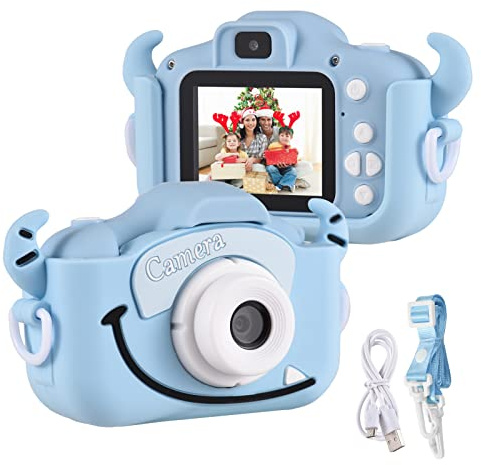 Andoer Cámara Digital para Niños, 1080P 2,0 Pulgadas Camara Fotos Infantil, Cámara para Niños con Correa, Regalos Ideales para Niños Niñas de 3-10 Años, Azul Vaca