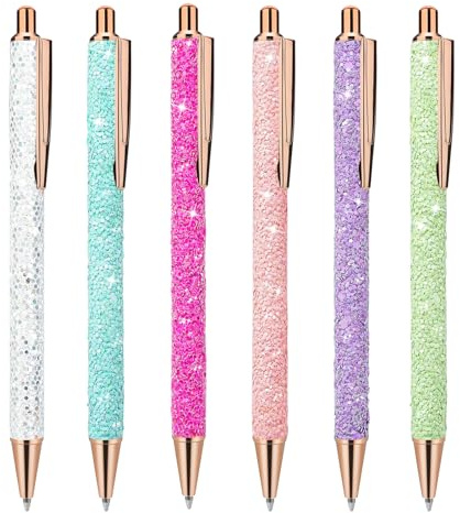 Molain 6 stycken bling-gnistrande metallpennor, infällbara kulspetspennor, söta glitter, 1,0 mm, svart bläck fin spets presentpennor skriv journal pennor (paljetter stil)