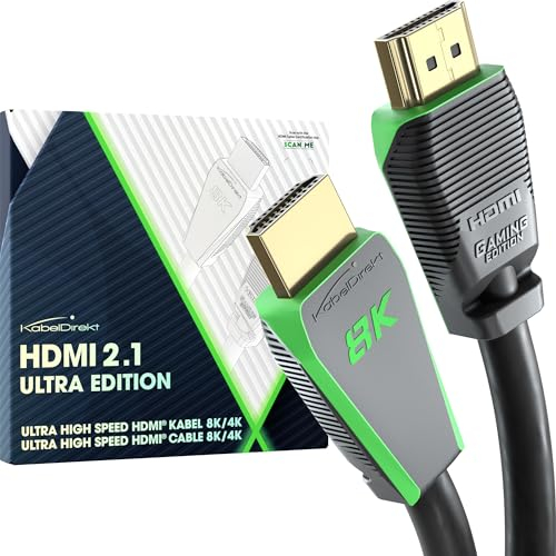 KabelDirekt – Cavo HDMI 2.1 8K, edizione Gamer certificata – 2 m (8K@60Hz, Ultra High Speed/48G per 10K, 8K o 144 Hz ultra veloci a 4K, ottimale per PS5/XBO e PC da gioco, monitor/TV, grigio)
