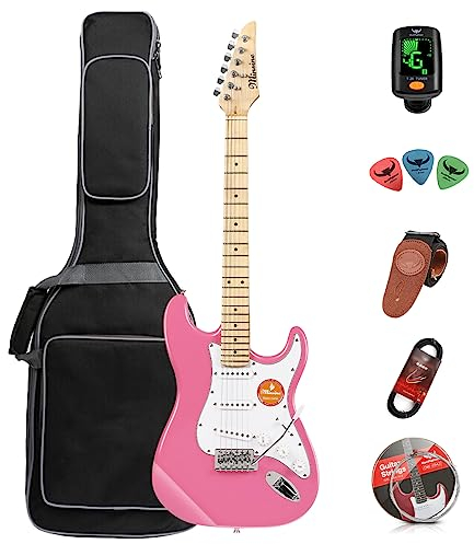 E-Gitarre für Erwachsene, Anfänger, Rockgitarre, Profispieler für Männer und Frauen mit Gitarrentasche, Saiten, Plektren, Stimmgerät, Gurt und Kabel MS100 (Pink)
