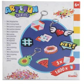 Simba Art und Fun Mini Bügelperlen Schlüssel Anhänger, 1.600 Perlen, 3 Steckplatten, Bügelpapier, 6 Schlüsselanhänger, ab 6 Jahren