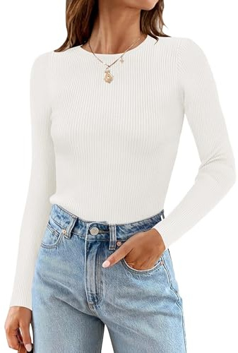 ZESICA Women's Long Sleeve Crewneck Shirts 2026 Spring Ribbed Knit Sweater Slim Fitted Casual Basic Tee Tops White Medium