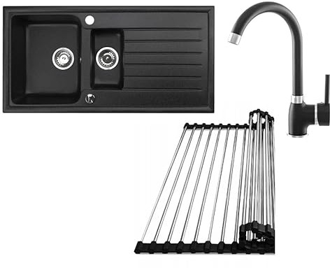 Faizee Möbel Granitspüle 100x50 Hochwertig beidseitig Montierbar Küchenspüle Granit inkl.Siphon Set (Mit Armatur & Abtropfgitter, Schwarz)