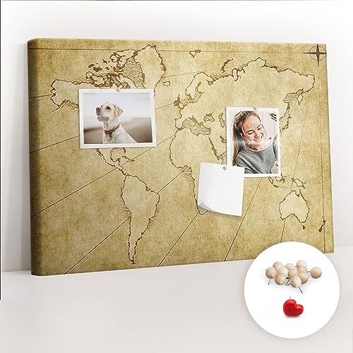 Tulup Kork Pinnwand für Zimmer Reise-Tracker mit Aufdruck 60x40 cm Leinwand Tourkarte - Alte Karte der Welt