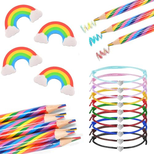 Forhome 30 Stück Regenbogen Schreibwaren Set - 10 Radiergummis, 10 Buntstifte, 10 Herz Freundschaftsarmbänder - Für Kinder Zeichnung, Schule, Büro, Haushaltswaren