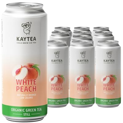 KAYTEA Cold Brew White Peach Iced Tea, 330ml x 12 Cans - Organic Green Peach Ice Tea Infusion - Low Calorie Drinks & Flavoured Drink, Made in the UK