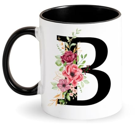 Tarklanda Tasse Personnalisé avec Lettre Initiale Tasse à Café avec Motif Fleurs Mug Cadeau pour Femmes, Ami, Maman, Tasse en Céramique Noire, Cadeau pour Anniversaire, Noël, Fête des Mères (B)