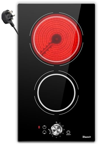 Disaenvir Electric Cooktop in Ceramic Dual Ring, 2 Burner Plug in Portable Electric Hob 2800W, 30cm Built-in & Countertop Stove Top with Knob Control & Touch Control, 9 Power Levels Setting 220-240V