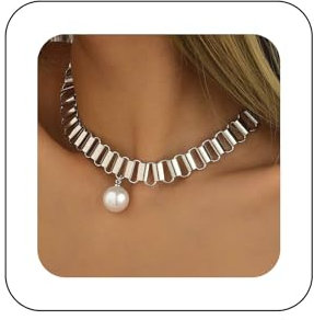 Yienate Boho Pearl Ball Pendant Necklace Silver Chunky Railroad Choker Statement Punk Thick Geometric Collarbone Chain Necklace Choker Bridal Wedding Prom Necklace for Women and Girls