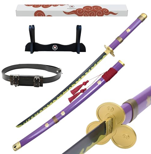 Hashiman - Katana One Piece - Réplique Manga Sabre + Support Epée Bois + Ceinture - Catana Japonais Cosplay Décoration Jouet Enfant Adulte - Jeu Déguisement Deco Ninja