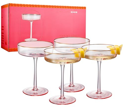 Khen Ribbed Vintage Art Deco Coupe Glasses - Martini, Champagne & Cocktail Ribbed Glasses 8oz | Crystal Ripple Goblet Glassware Set, Pink Gilded, 4 Pieces, Housewarming Gift