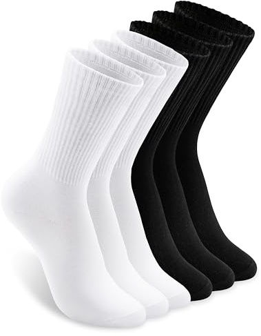 COZYOFFI Calcetines blancos para mujer: longitud media alta para botas, tenis, mocasines, C03-blanco+negro (6 pares), 6-11