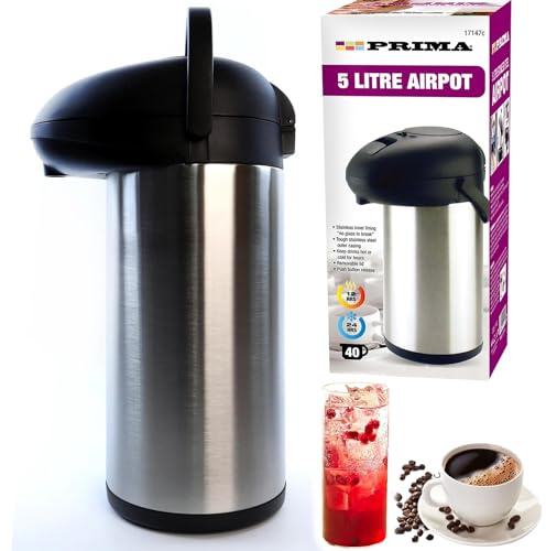 Buystarget 5L Airpot Stainless Steel Coffee Dispenser Double Wall Insulated Flask Coffee Tea Urn Vacuum Pump + Safety Lock & Carry Handle Thermal Teapot Hot Cold Water Drink Event Travel Jug Air Pot