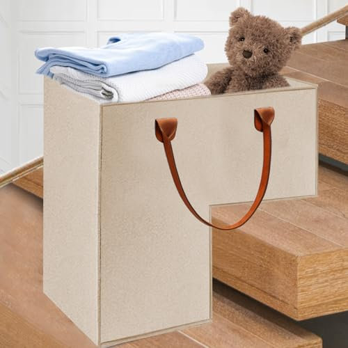 FUFRE Treppenkorb Stufenkorb Aus Filz, Treppenkorb Mit Kunstleder-Griffen, Faltbarer Treppenkorb Filz Raumsparungstreppenspeicher Für Wäsche Spielzeug Haushaltsgegenstände (Beige)