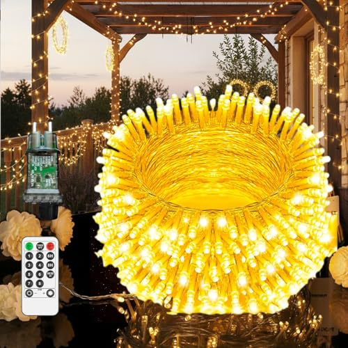 LED Lichterkette Außen 35m mit 300 Warmweißen LEDs, Strombetriebene Lichterkette für Innen & Außen, IP44 Spritzwassergeschützt mit Fernbedienung und Timer, 8 Leuchtmodi für Balkon Deko, F5-10-400
